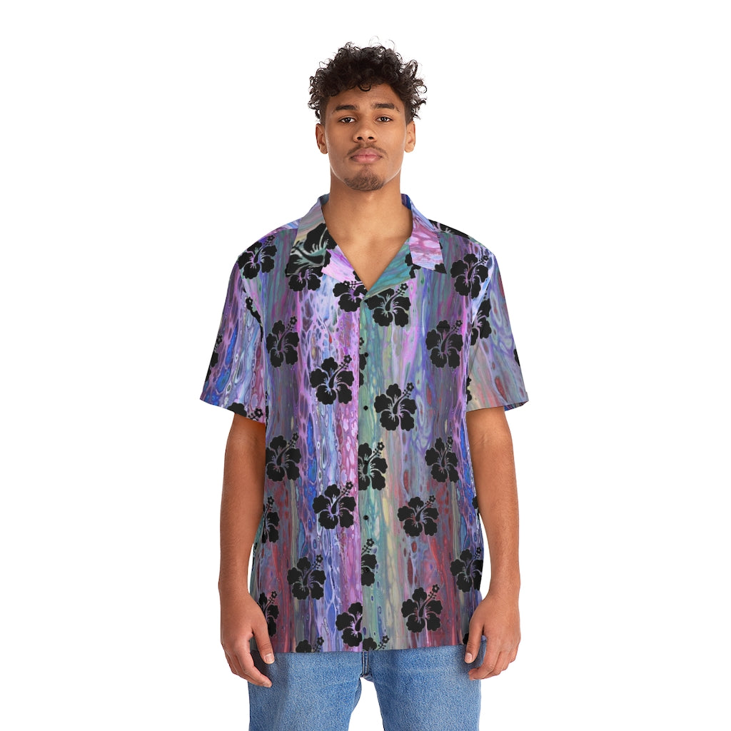 Purple Hibiscus and Tuberose Black Hawaiian Shirt for Vacation